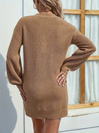 Womens V Neck Mini Sweater Dress Long Lantern Sleeve Pullover Sweaters