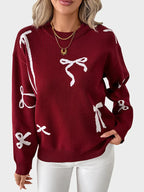 Women's Red Christmas Sweet Round Neck Bow Sweater