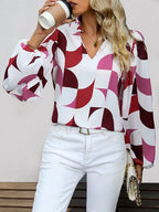 Womens V Neck  Brown Abstract Print Puff Sleeve Loose Blouse