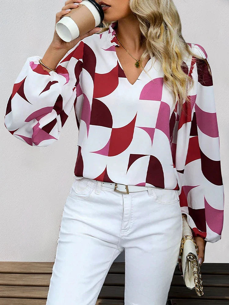 Womens V Neck  Brown Abstract Print Puff Sleeve Loose Blouse