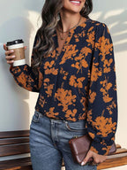 Women's V Neck  Floral Print Pullover Pleated Blouse