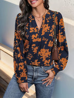 Women's V Neck  Floral Print Pullover Pleated Blouse